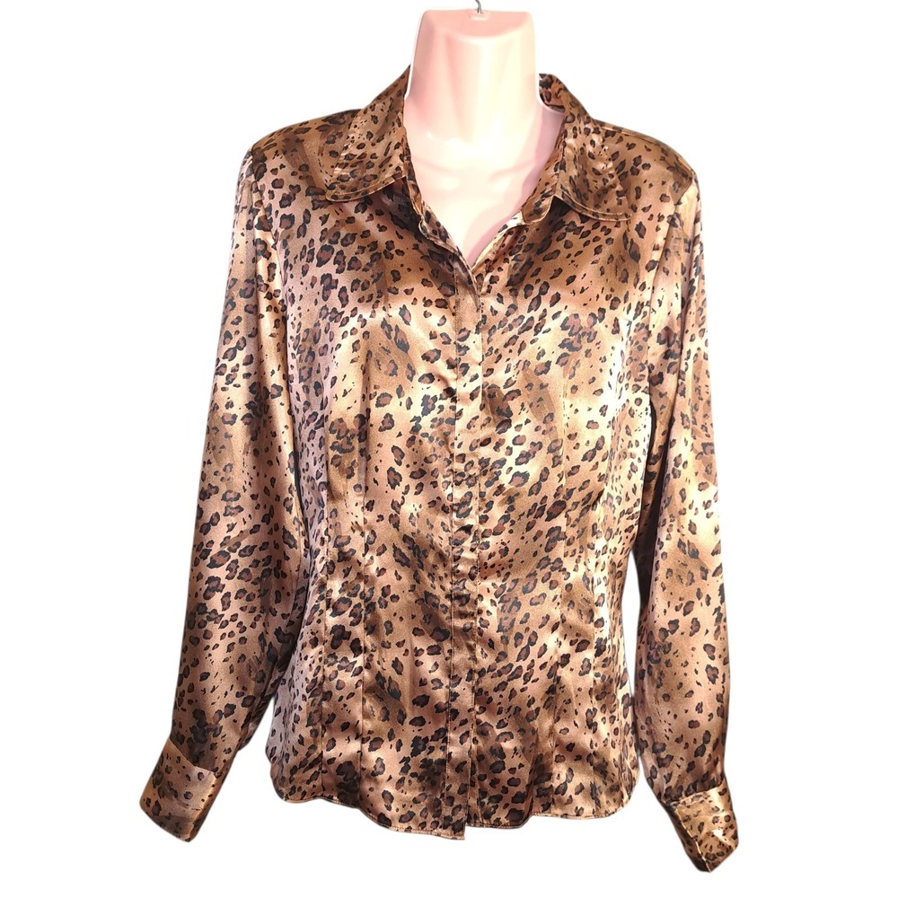 Rafaella Women's Leopard Print Blouse Brown & Black Button Size 10 Night Out